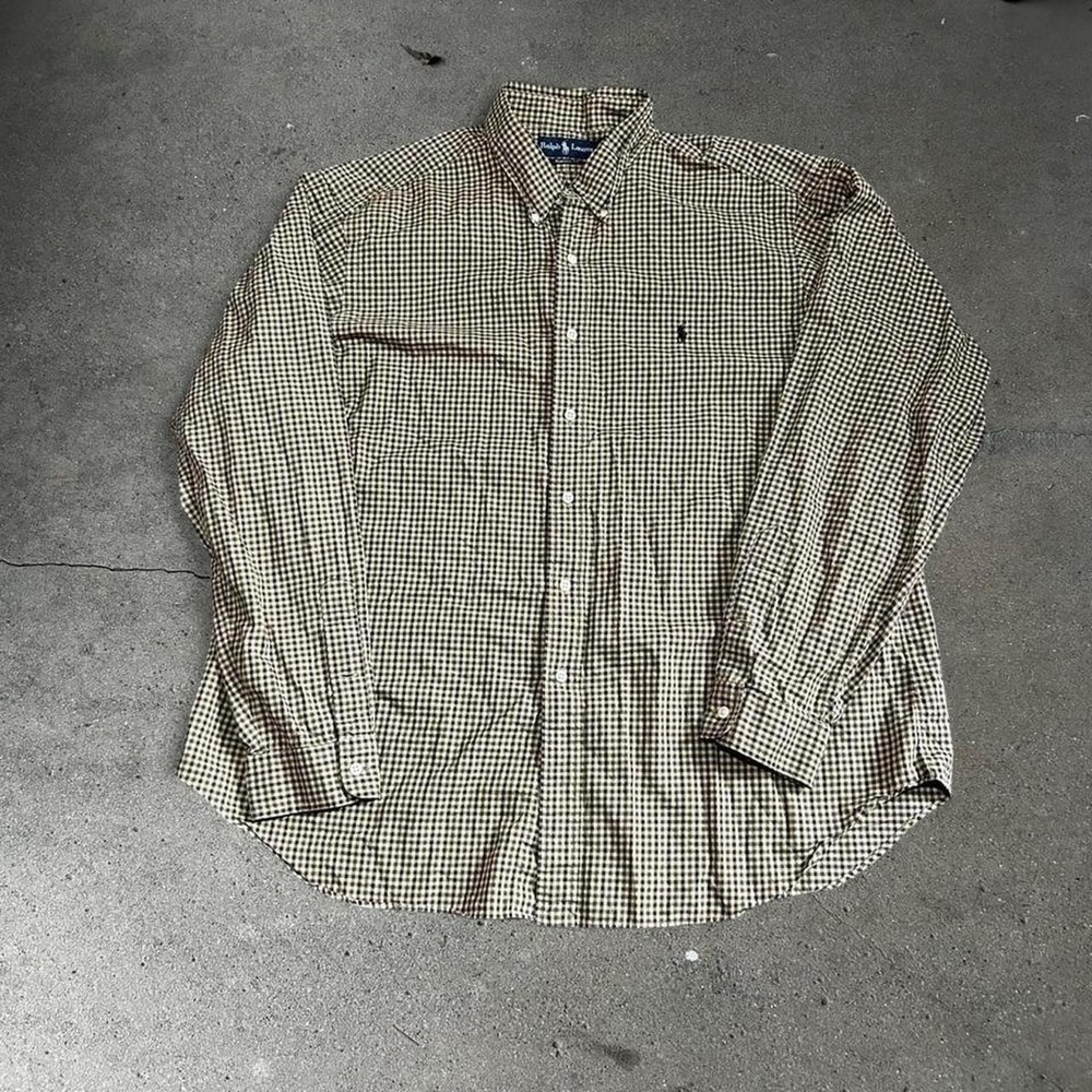 Vintage Polo Ralph Lauren classic fit cream tan checkered L/S cotton shirt XXL - Picture 1 of 5